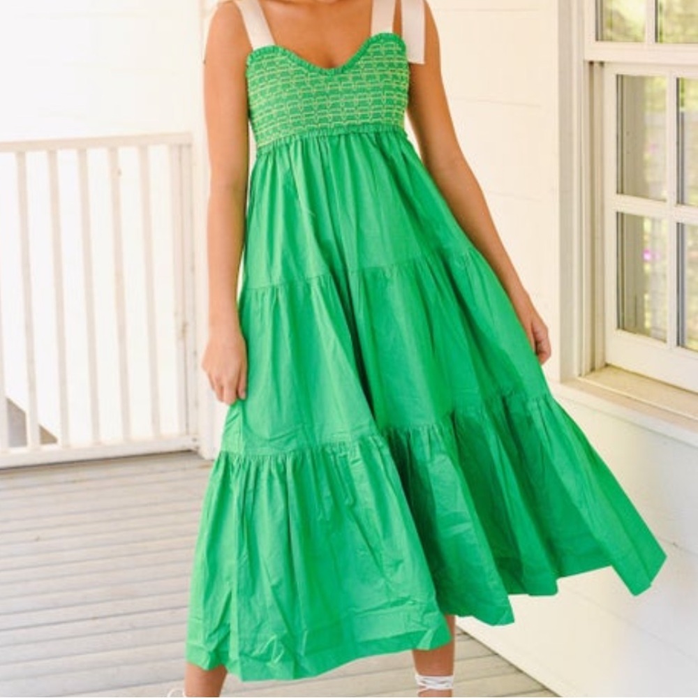Green Maxi Sundress with Smocked Bodice